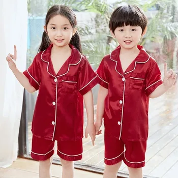 Meninos de Seda do Pijama Conjunto 2020Summer de Manga Curta Roupa infantil Menina Conjuntos de Pijamas de Cetim Pijama Atender Crianças Soild Conjuntos de Pijamas
