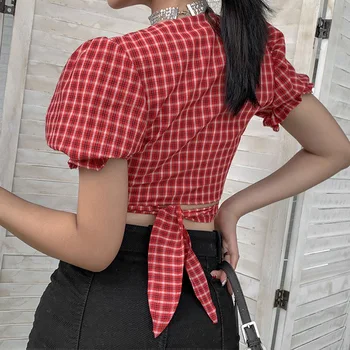 2020 Moda as Mulheres Puff Manga Curta T-Shirts Sexy Cortada Decote em V Frente Nó de Gravata Lace-up Tops Vermelho Xadrez Impresso Umbigo Camiseta