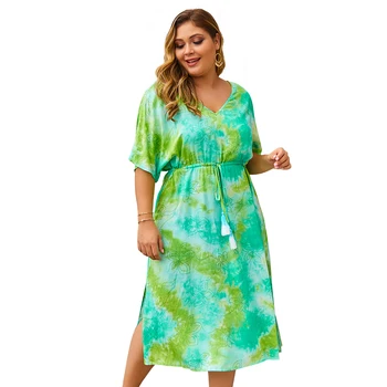 2020 Moda Plus Size Vestido das Mulheres de Verão Boêmio Estilo de V-pescoço Tie-dye Impresso Vestido de Praia Elegante Franja Cinto Vestido Longo
