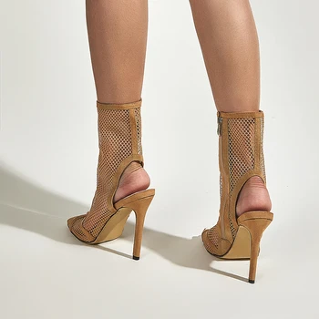 NIUFUNI 2021 Mulheres Ankle Boots Plus Size 35-42 Peep Toe de Malha, Botas de salto alto Sexy Salto Alto Zíper Fino Sandálias Para as Mulheres