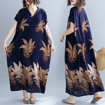 O algodão acetinado vintage floral mulheres plus size casual solta maxi longo vestido de verão roupas elegantes 2021 senhoras vestidos sundress