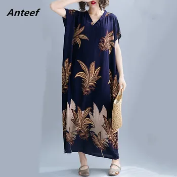 O algodão acetinado vintage floral mulheres plus size casual solta maxi longo vestido de verão roupas elegantes 2021 senhoras vestidos sundress