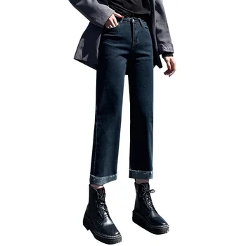 Além de veludo grosso de inverno novo estilo de calças de brim das mulheres estilo coreano slim cintura alta fina desfiado elástico fino veludo reta perna calças