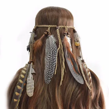 Étnica Boho Indian Feather Cabeça Touca De Cabelo Corda Headwear Tribal Cigano Hippie Festival De Cabeça Jóia Do Partido
