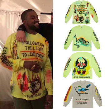 Kanye West Crianças Ver Fantasmas Graffiti Homens t-shirt Superior Tee de Hip-hop de Moda de Nova Chegou Moda Casual Magpie Streetwear T-shirt