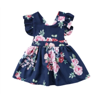 2018 Lindo Bebê Crianças Meninas Floral Sem Encosto De Festa Azul Marinho Concurso Tutu Vestido Sundress Roupas De Verão
