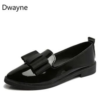 Dwayne Primavera Flats Mulheres Sapatos De Gravata Borboleta Sapatos De Couro De Patente Elegante De Salto Baixo Escorregamento Em Calçado Feminino Dedo Apontado Grosso Calcanhar 9