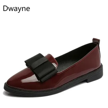 Dwayne Primavera Flats Mulheres Sapatos De Gravata Borboleta Sapatos De Couro De Patente Elegante De Salto Baixo Escorregamento Em Calçado Feminino Dedo Apontado Grosso Calcanhar 9