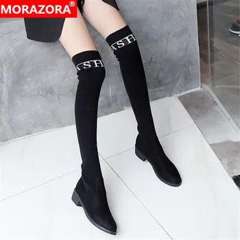 MORAZORA 2020 tamanho grande 33-43 inverno, manter-se aquecido mulheres botas de salto Baixo do dedo do pé redondo senhoras sapatos de cor preta sobre as botas de joelho