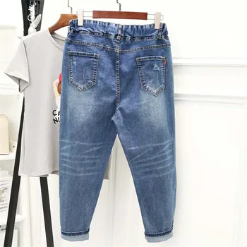 Plus Size 5XL Mulheres de Jeans, Calças Nova coleção Primavera / Verão Casual Elástico de Cintura Alta Calças Vintage Buraco de Nove Pontos Jeans sarouel 300