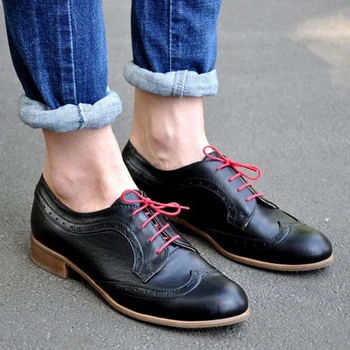 Vintage Bloco De Cor Brogues Sapatos De Mulher Britânica Esculpida Cordões Aluno Senhora Sapatos Oxford Plus Size 34-43 Mulheres Oxfords Sapatos Flats