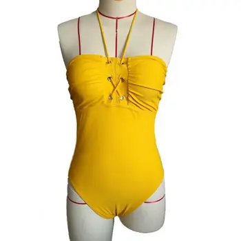 Sexy 2020 Senhoras Retro Sólido Amarelo Swimwear Das Mulheres Um Maiô Feminino Estampado Com Laço Cortado Nadar Maiô Monokini