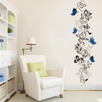 Borboleta azul videira flor adesivo de parede de material de PVC DIY arte adesivos de parede Para sala de estar, quarto, quarto infantil decoração adesivo