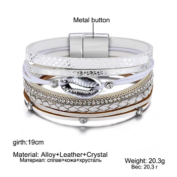 Moda Multilayer Bracelete de Couro Pulseira para as Mulheres do Vintage da Casca de Cristal de Charme Envoltório Pulseiras 2019 Feminino Jóias por Atacado