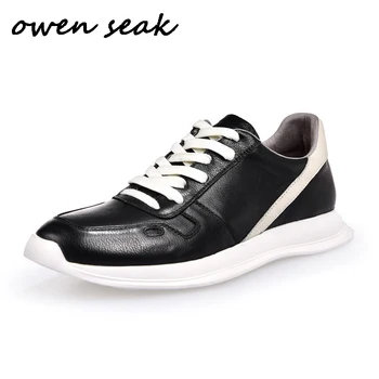 Owen Seak Homens Casuais Sapatos De Luxo Formadores De Couro Genuíno Laço Tênis Masculino Outono Botas Da Marca De Flats Sapatos Pretos
