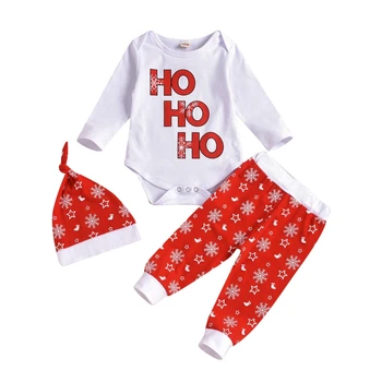 Bebê Recém-Nascido Menina Meu Primeiro Natal Bodysuit Veado Calça Com Estampa De Chapéu De Natal De Roupa Roupa Infantil Roupas De Menina Set23
