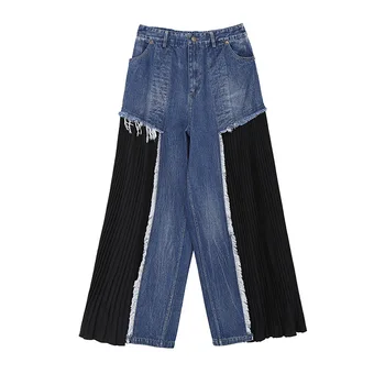 Calças de Brim das mulheres do Desgaste Primavera, Outono Wild Lazer de Jeans, Calças Soltas de Retalhos Plissado em linha Reta-Perna Calças AS5435
