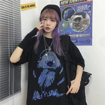 Verão Harajuku Gótico Gráfico T-Shirt de Manga Curta Streetwear para as Mulheres, Senhoras Feminina Camiseta Pastel Goth Horror Roupas Tee Topo