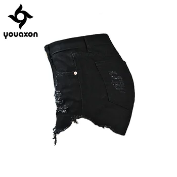 1995 Youaxon Shorts Preto Com o Punk, Metal Rebites Cravejado de Mulheres Meados de Cintura Alta Rasgado Curto Shorts Jeans Para Mulher