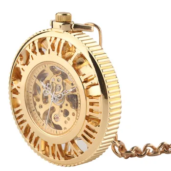 Vintage Projeto Oco Número Romano Automática Retro Mecânica Relógios de Bolso de Ouro Rodada Homens Mulheres com Corrente de corrente de relógio, Relógios de Presentes
