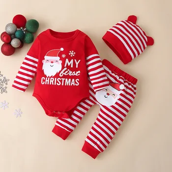 3PCS Meu Primeiro Natal do Bebê Criança Roupas de desenho animado Papai Noel de Manga comprida Body de Calças Chapéu Conjunto de Navidad Recém-nascido Conjuntos de Roupa