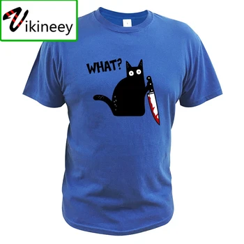 Gato Que T-Shirt Gato Assassino Com uma Faca de Halloween Engraçado TShirt Crewneck Macio UE Tamanho de Algodão de de Cobertura de Impressão Camiseta