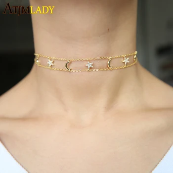 Moda jóias Bonito lua estrela dupla cadeia de instrução gargantilha design mulheres 3 cores da moda clássica cz estrelas colar chocker