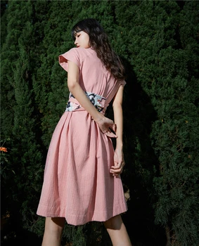 CHEERART de Verão, Camisa Xadrez cor-de-Rosa Vestido de Mulher Lace Up Manga Curta com Botão de Colarinho Vestido de 2020 Túnica de Uma Linha de Vestido na altura do Joelho