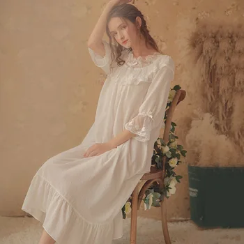 Plus Size Solta-fit Algodão Vintage Nightdress Mulher de Babados Camisola Branca Casa Dormir Vestido de Busto Grande de Gordura