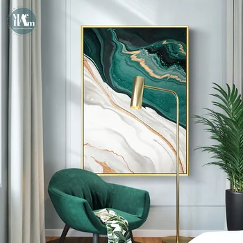 Abstrato moderno folha de Ouro linhas de Lona Verde Pinturas de Arte Para a Sala de estar, Quarto de Pôsteres E Impressões de Parede do Poster de Decoração de Casa
