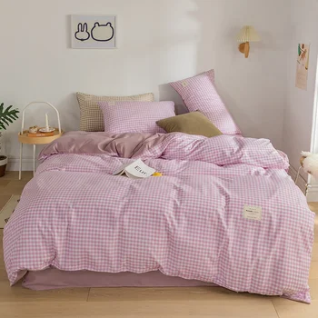 Estilo japonês conjunto de roupa de cama camelo grade de algodão, Modal macia capa de edredão conjunto nuvem de algodão roupa de cama reativa impressão jogo de cama em casa