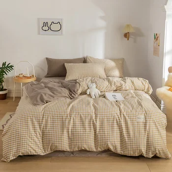 Estilo japonês conjunto de roupa de cama camelo grade de algodão, Modal macia capa de edredão conjunto nuvem de algodão roupa de cama reativa impressão jogo de cama em casa