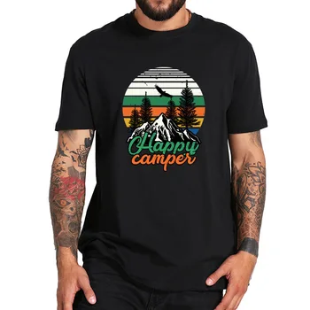 Campista Feliz Acampamento T-Shirt Vintage Camiseta Algodão Natural, Macio De Alta Qualidade Manga Curta, Camisetas