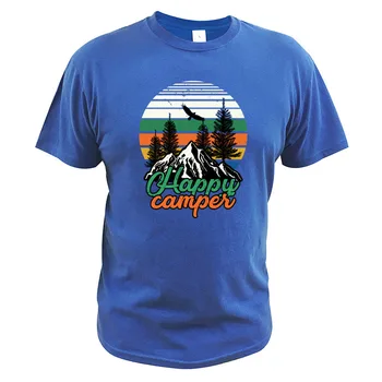 Campista Feliz Acampamento T-Shirt Vintage Camiseta Algodão Natural, Macio De Alta Qualidade Manga Curta, Camisetas