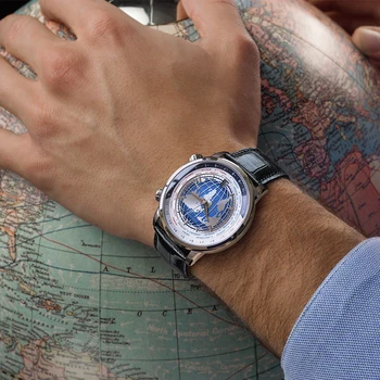 AGELOCER Homens Relógio de grife Suíça de Luxo Worldtime Mecânico Automático dos Homens Wirstwatches Safira Couro Tempo do Mundo relógio