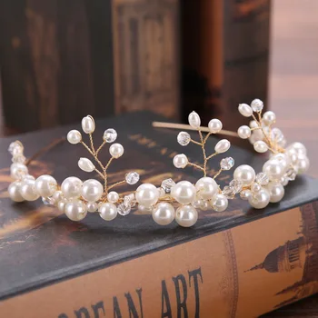 Barroco de ouro pérola flor de noiva hairband artesanal tiara headband de cristal diadema diadema coroa de noiva acessórios de cabelo, Jóias