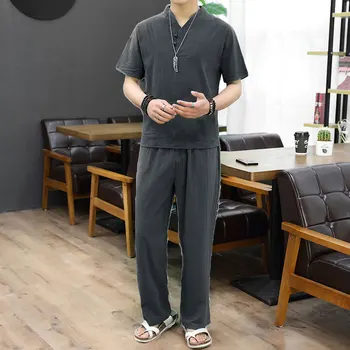 INCERUN Estilo Chinês Homens Conjuntos de Cor Sólida Manga Curta 2021 Camisa Calças de Streetwear Algodão Vintage Tang Terno de 2 Peças de Mens Terno