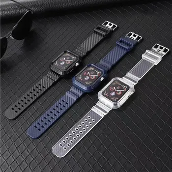 Mais nova Banda + Case para Apple Relógio Silicome para iwatch Série 6 SE 5 4 3 2 1 Alça de 38mm de 40mm 42mm 44mm de Plástico de Carbono de padrão de