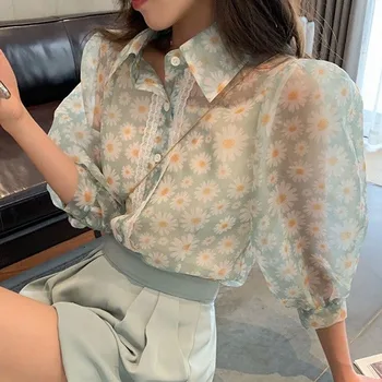 Elegante estampa Floral de Organza Blusas e Camisas de Mulheres Sexy Ver através do Laço Emendados Puff Tops de Manga Camisas Moda Botão da Blusa