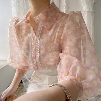 Elegante estampa Floral de Organza Blusas e Camisas de Mulheres Sexy Ver através do Laço Emendados Puff Tops de Manga Camisas Moda Botão da Blusa