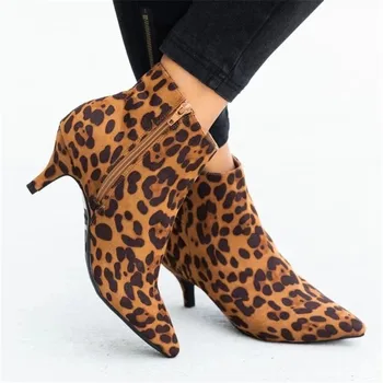 WDHKUN Mulheres Ankle Boot de Camurça Meados de Salto Agulha fecho de correr do Lado Pontiagudo Dedo do pé Partido Trabalho ao ar livre Sapato Fino Calcanhar Leopard Impressão Moda