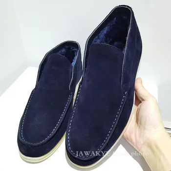 Winter Ankle Covered Fur Loafers Shoes Women Round Toe Slip-on female Driving Shoes Kid Suede Sewing Casual Flats