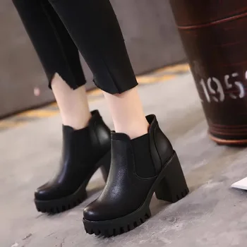 Estilo britânico, Plataforma, Botas de Mulher Pelada Inicialização de Mulheres de Salto Alto Sapatos de Pelúcia Dedo do pé Redondo Quadrado Calcanhar de Espessura Inferior Preto de Volta