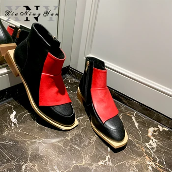 XIUNINGYAN Botas femininas de Couro Genuíno cores misturadas Chelsea Boots com Zíper no Tornozelo Botas para Mulheres Marca Chaussure Bottes Feminino
