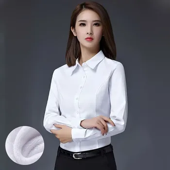 S-5XL Office do Trabalho das Mulheres Camisa de Inverno De 2018 Formal de Negócios Camisa Branca Mais veludo, mais Espessa, Quente Magro Carreira de Tops Femininos