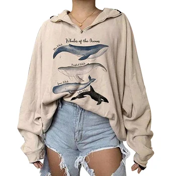 Harajuku Tubarão Peixe de grandes dimensões Moletom Mulheres Pulôver Casual Vintage Vire para baixo de Gola do Casaco de Outono Inverno Streetwear Tops