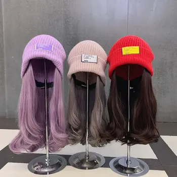 Chapéu de malha com Falsa o Cabelo Colorido para a Mulher Outono Inverno Harajuku Kpop coreano Estilo Streetwear Chapéu com Peruca