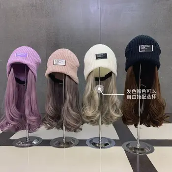 Chapéu de malha com Falsa o Cabelo Colorido para a Mulher Outono Inverno Harajuku Kpop coreano Estilo Streetwear Chapéu com Peruca
