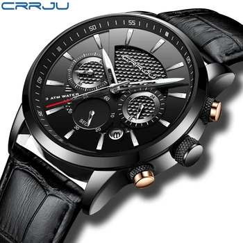 Homens Relógios de Luxo CRRJU Marca Cronógrafo Homens Relógios esportivos de Alta Qualidade Pulseira de Couro de Quartzo relógio de Pulso Relógio Masculino