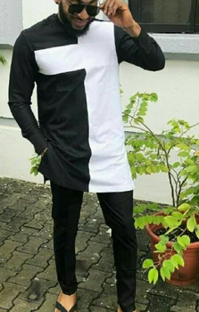 Casual o-pescoço camisas preto/branco patchwork sólida e calças feitos sob medida calça conjuntos tradicionais Africanos do sexo masculino fatos de noivo